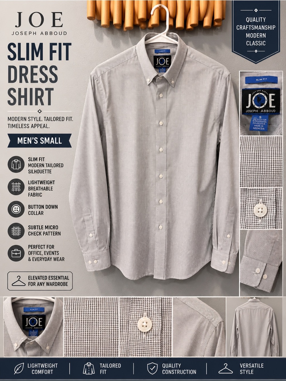 JOE Joseph Abboud Men’s Small Slim Fit Gray Button Up Dress Shirt NWT